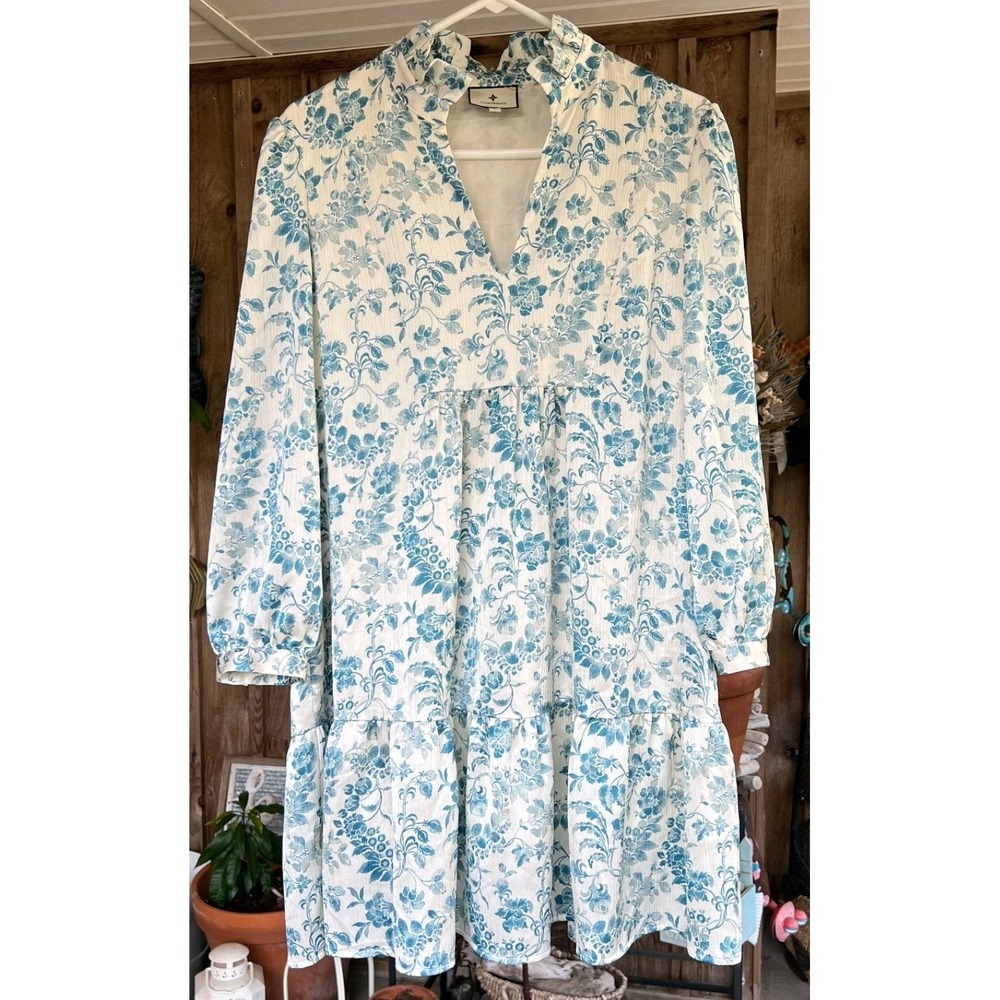 Tuckernuck Palmer Floral Mini Dress Blue White Tiered Pockets Lined Sz L